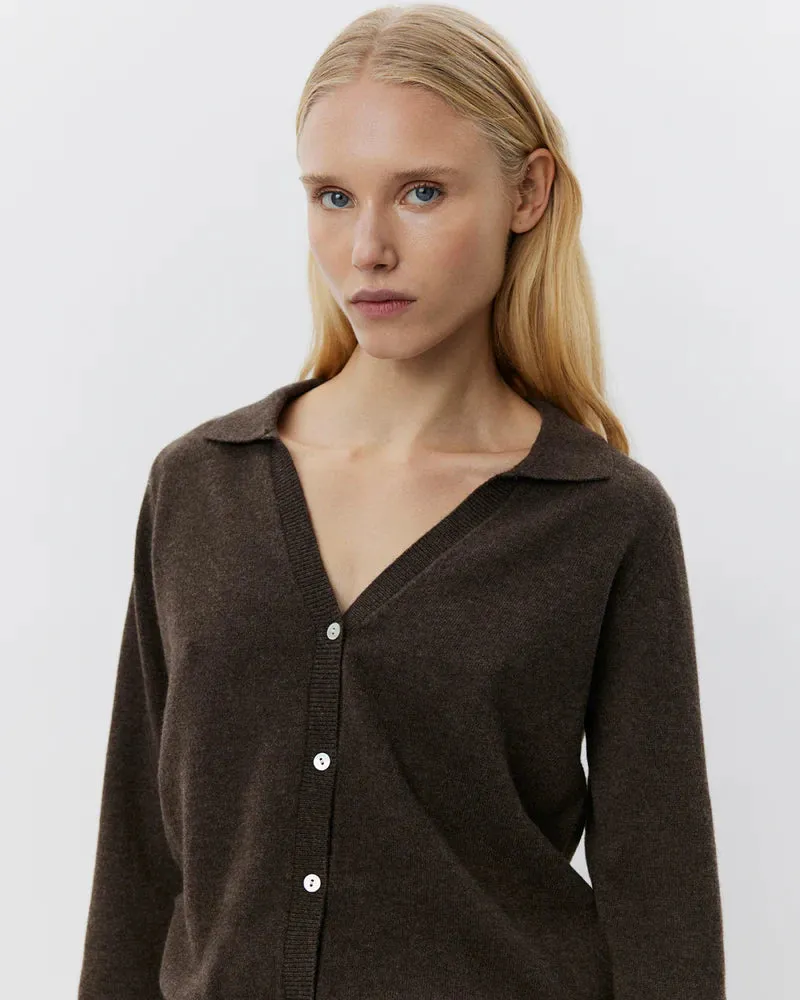 100% Merino Wool Cardigan with Polo Collar in Brown Fudge