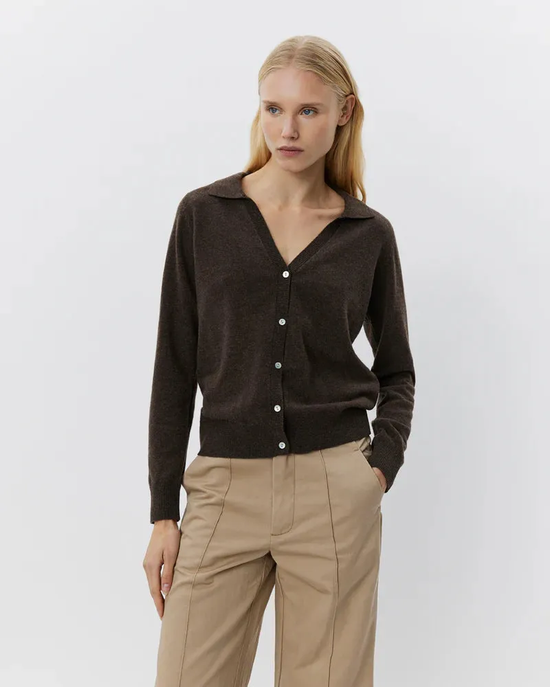 100% Merino Wool Cardigan with Polo Collar in Brown Fudge