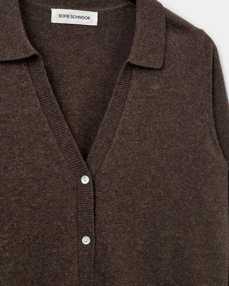 100% Merino Wool Cardigan with Polo Collar in Brown Fudge