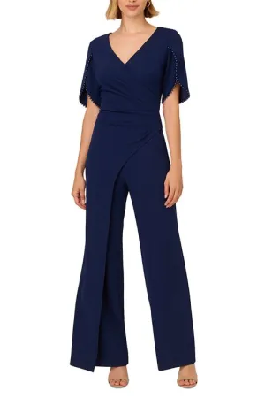 Adrianna Papell Pearl Trim Tulip-Sleeve Draped Jumpsuit