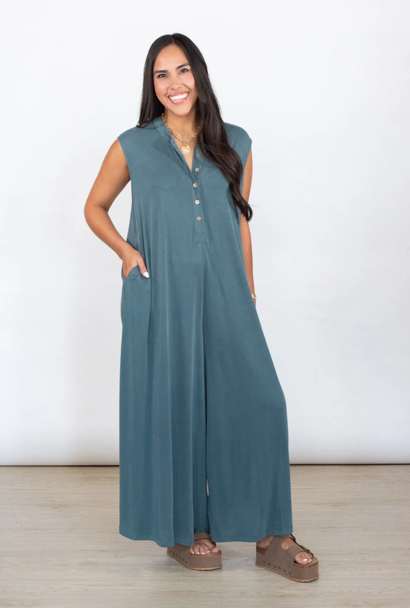 Be Present Teal Button Down Jumpsuit