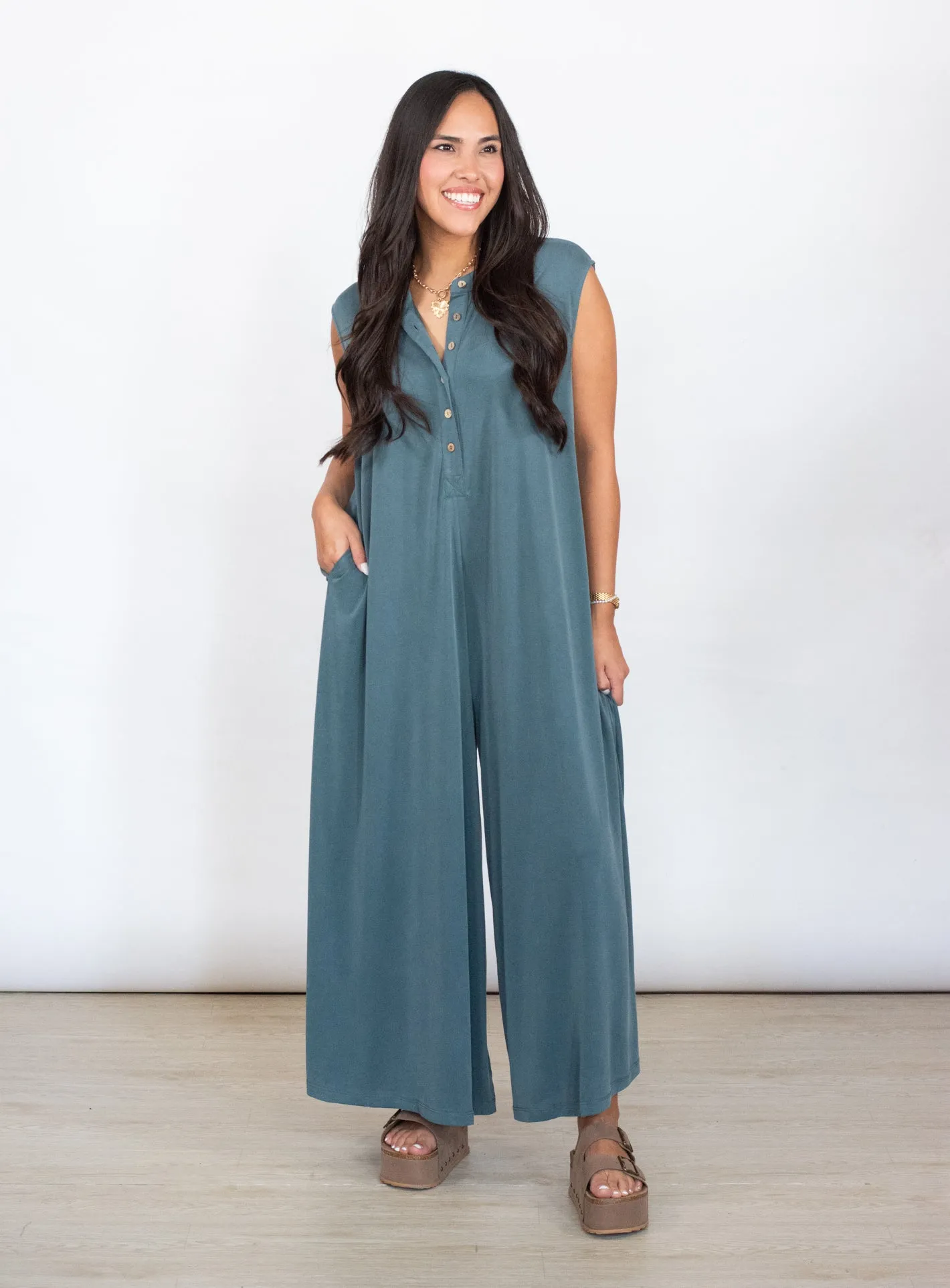 Be Present Teal Button Down Jumpsuit