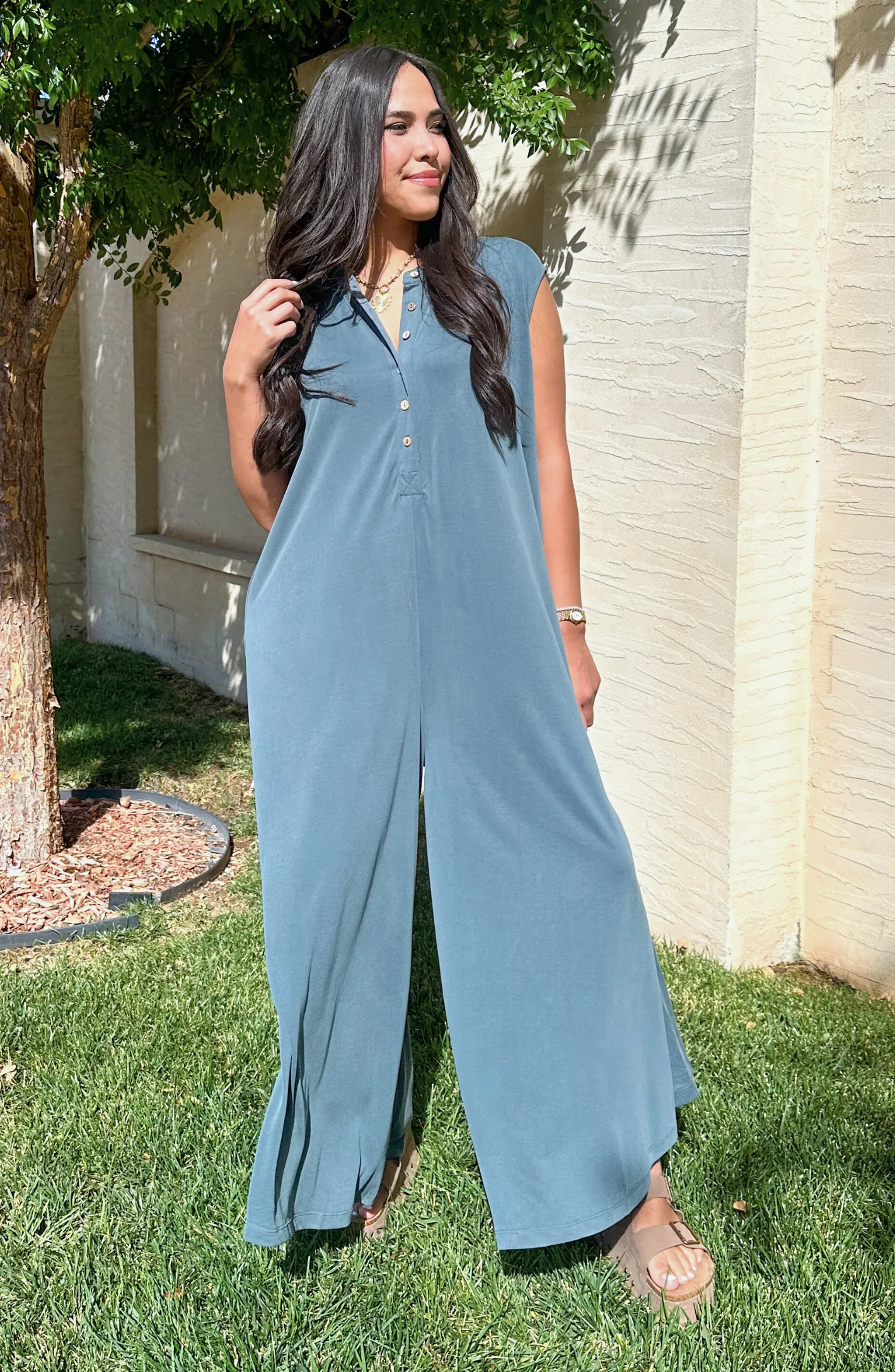 Be Present Teal Button Down Jumpsuit