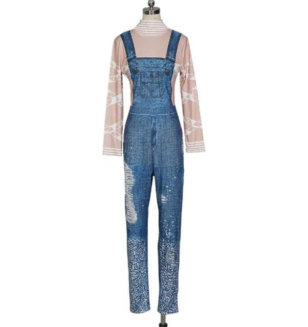 Blue European and American Fashion Jeans Jumpsuits Sexy Suspender Printing Leisure Pants spring and Summer Personality Simple