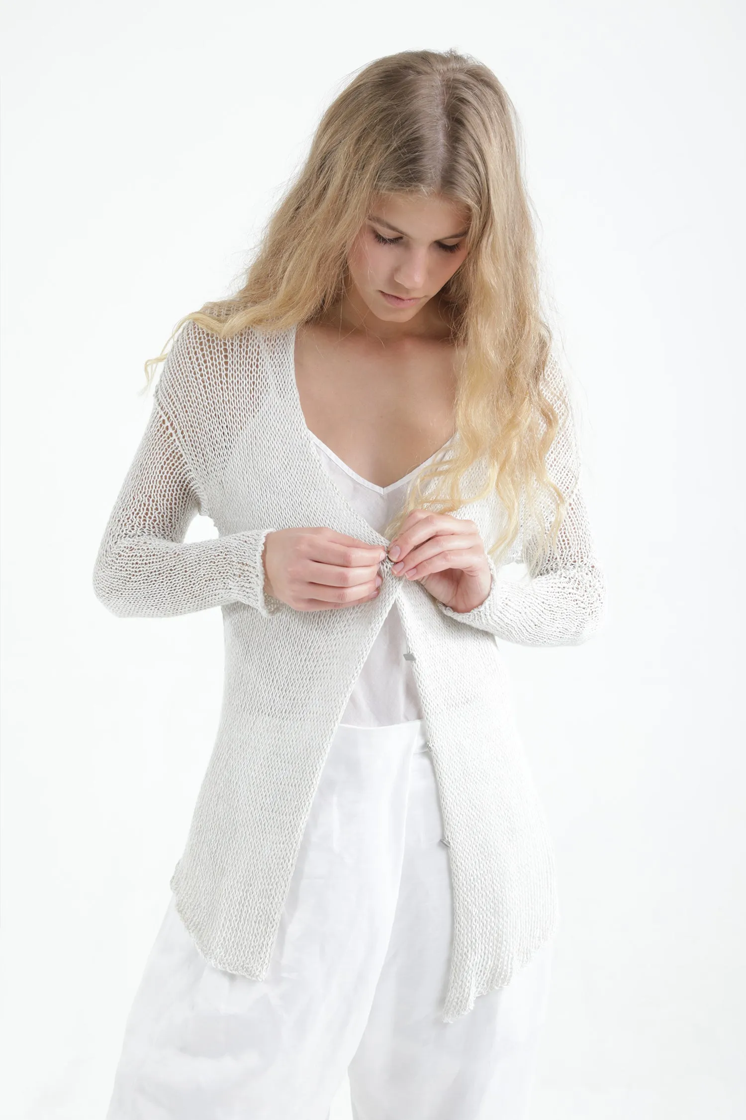 Broken White Blue Short Open knit Bamboo Cardigan with buttons