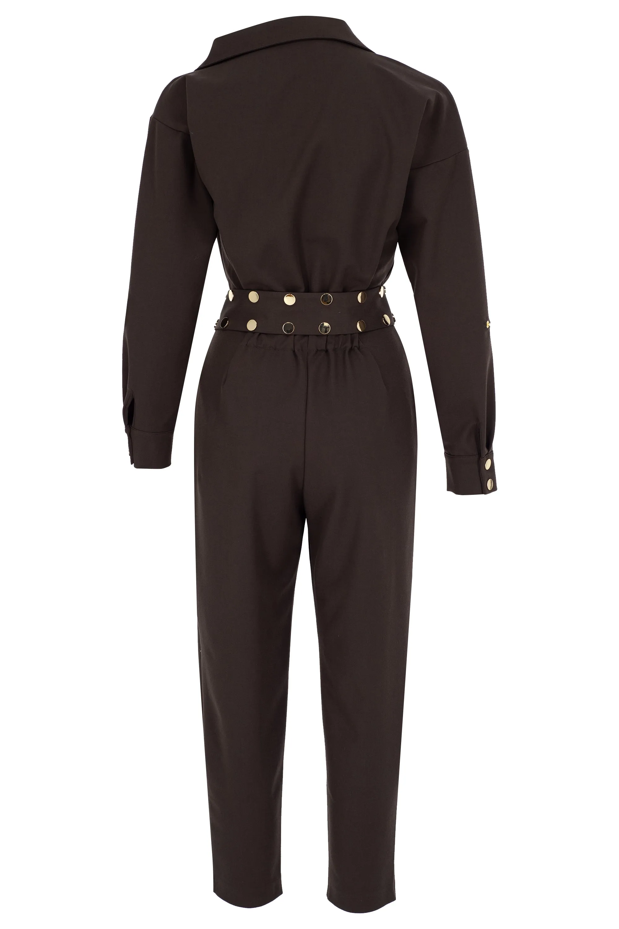 BROWN ASYMMETRIC-NECK, LONG-SLEEVED, BELT-DETAILED CANVAS JUMPSUIT