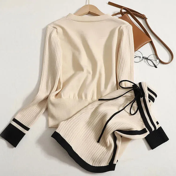 Chic Casual Colorblock V-Neck Sweater and High Waist Shorts Set