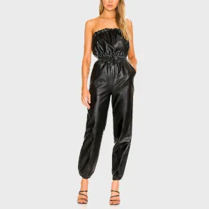 Classy Black Pull-on Leather Jumpsuit