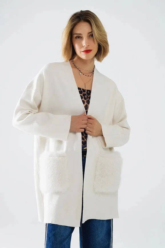 Cream High Quality Knitted Maxi Cardigan with Fur Pockets