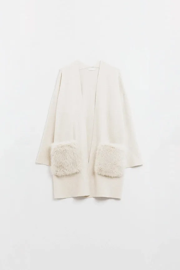 Cream High Quality Knitted Maxi Cardigan with Fur Pockets