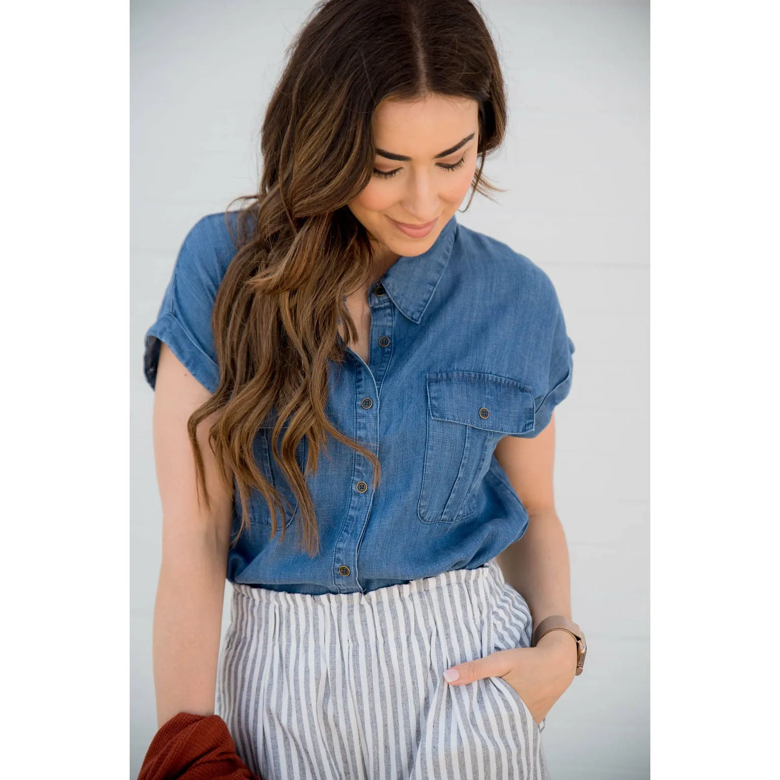 Double Pocket Button Denim Tee Blouse