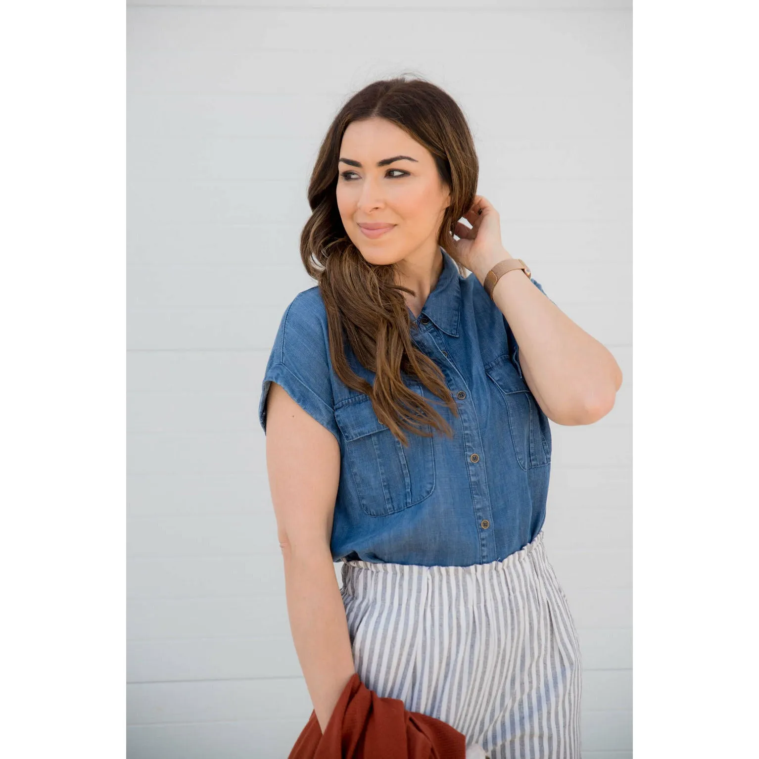 Double Pocket Button Denim Tee Blouse