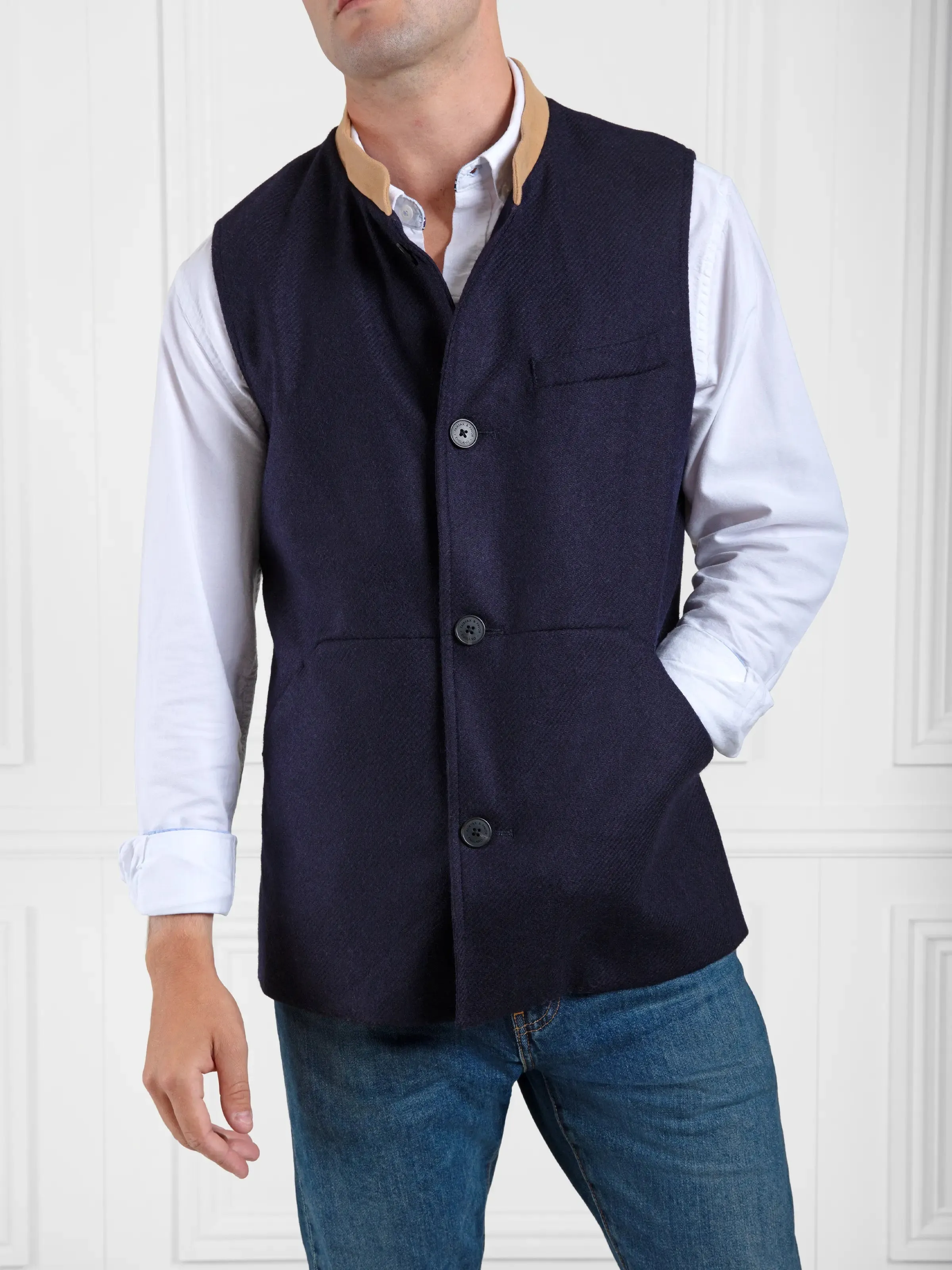 Edward Gilet - Navy Wool & Tan