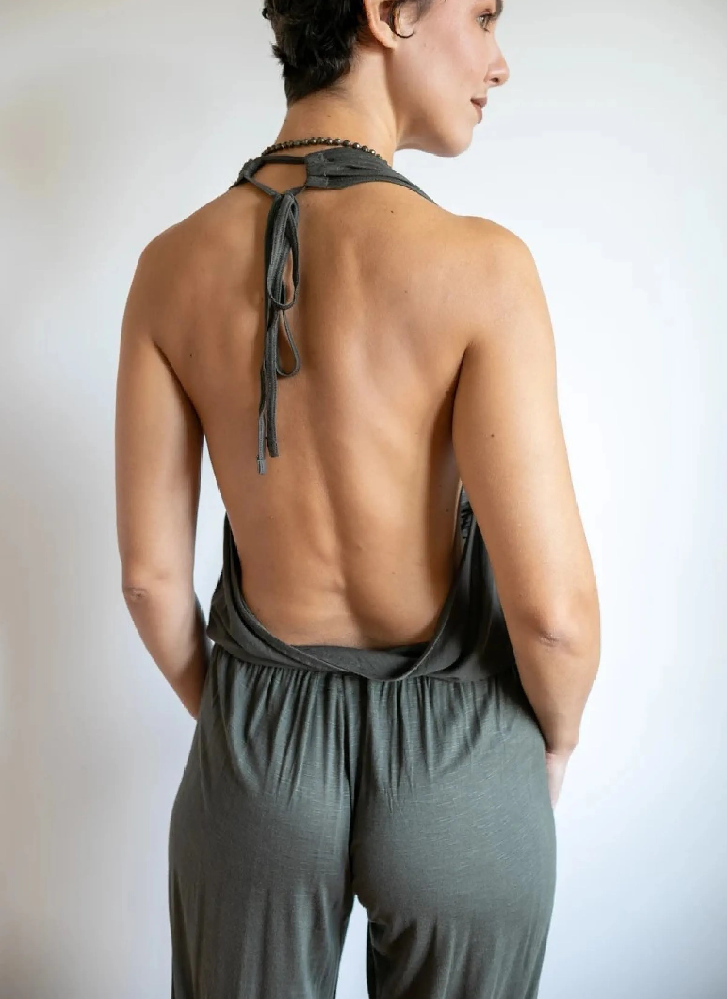 Evelina Backless Yoga Jumpsuit Onesie in Olive