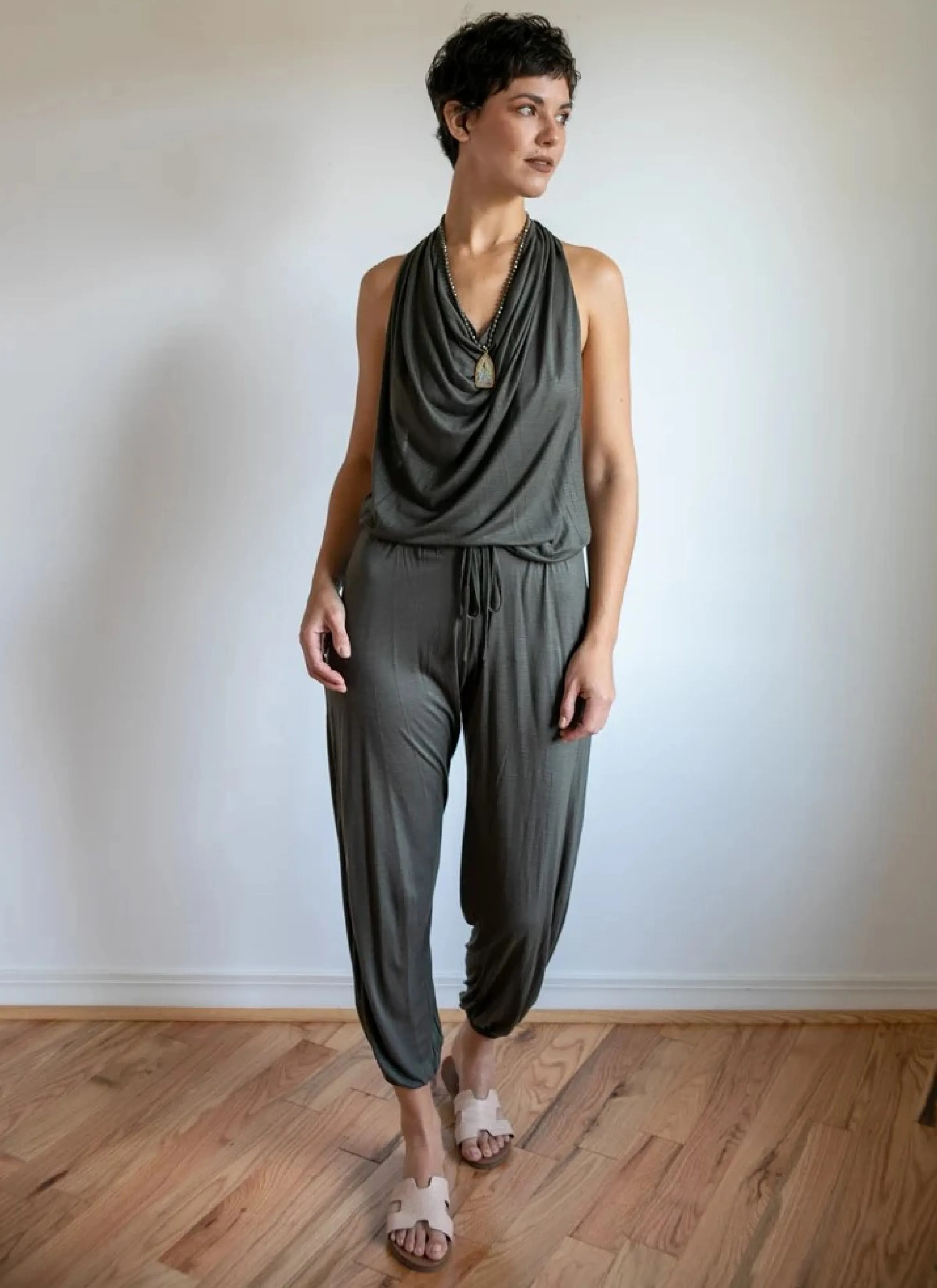 Evelina Backless Yoga Jumpsuit Onesie in Olive