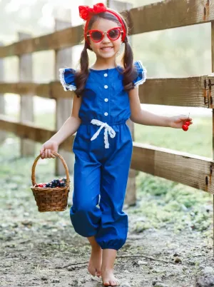 Girls Denim Lace Flutter Sleeve Button Jumpsuit