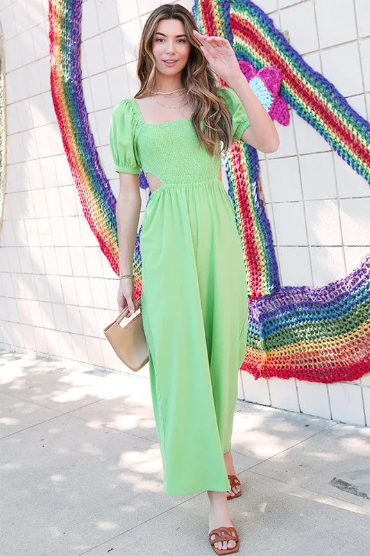 Light Green Square Neckline Shirred Cut Out Jumpsuit