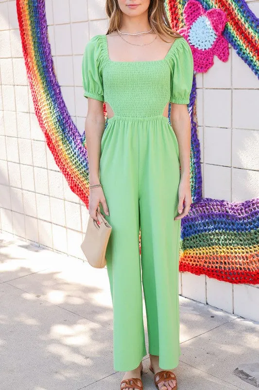 Light Green Square Neckline Shirred Cut Out Jumpsuit