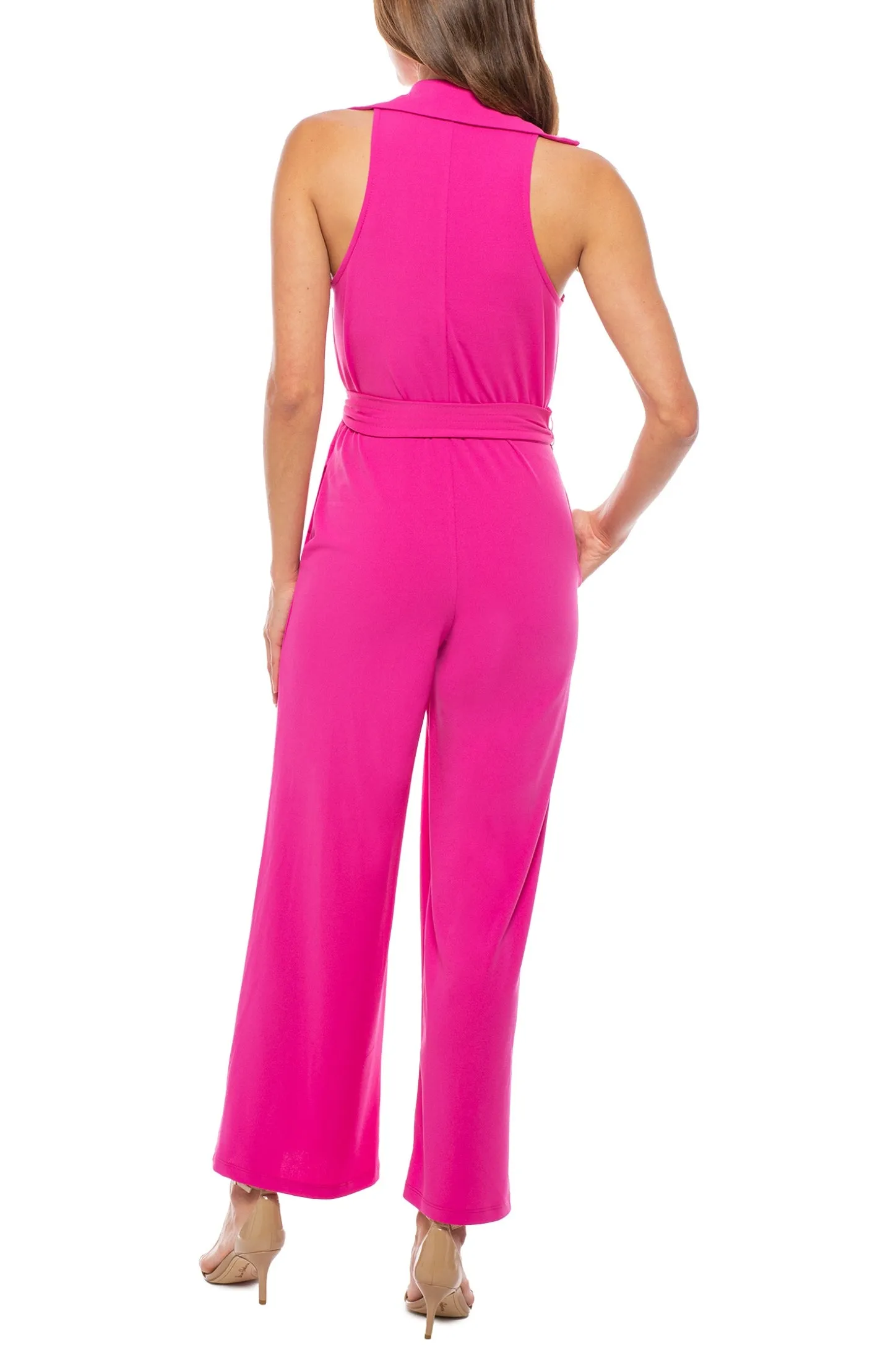 Marina Collared Sleeveless Tie Waist Scuba Crepe Jumpsuit - Wholesale