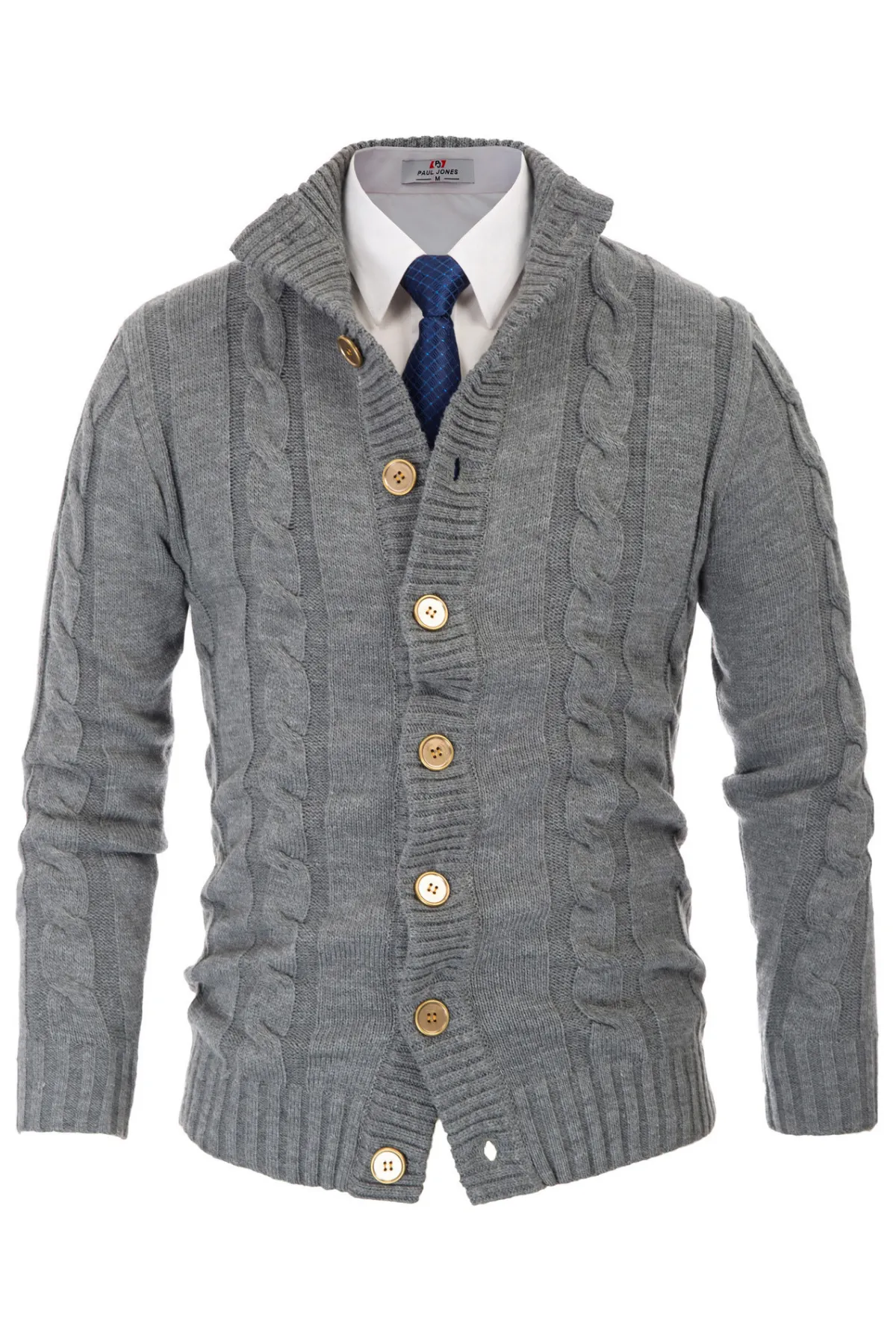 Men's Cardigan with Button Closure, Cable Knit Cardigan with Ribbed Stand-Up Collar for Autumn Winter