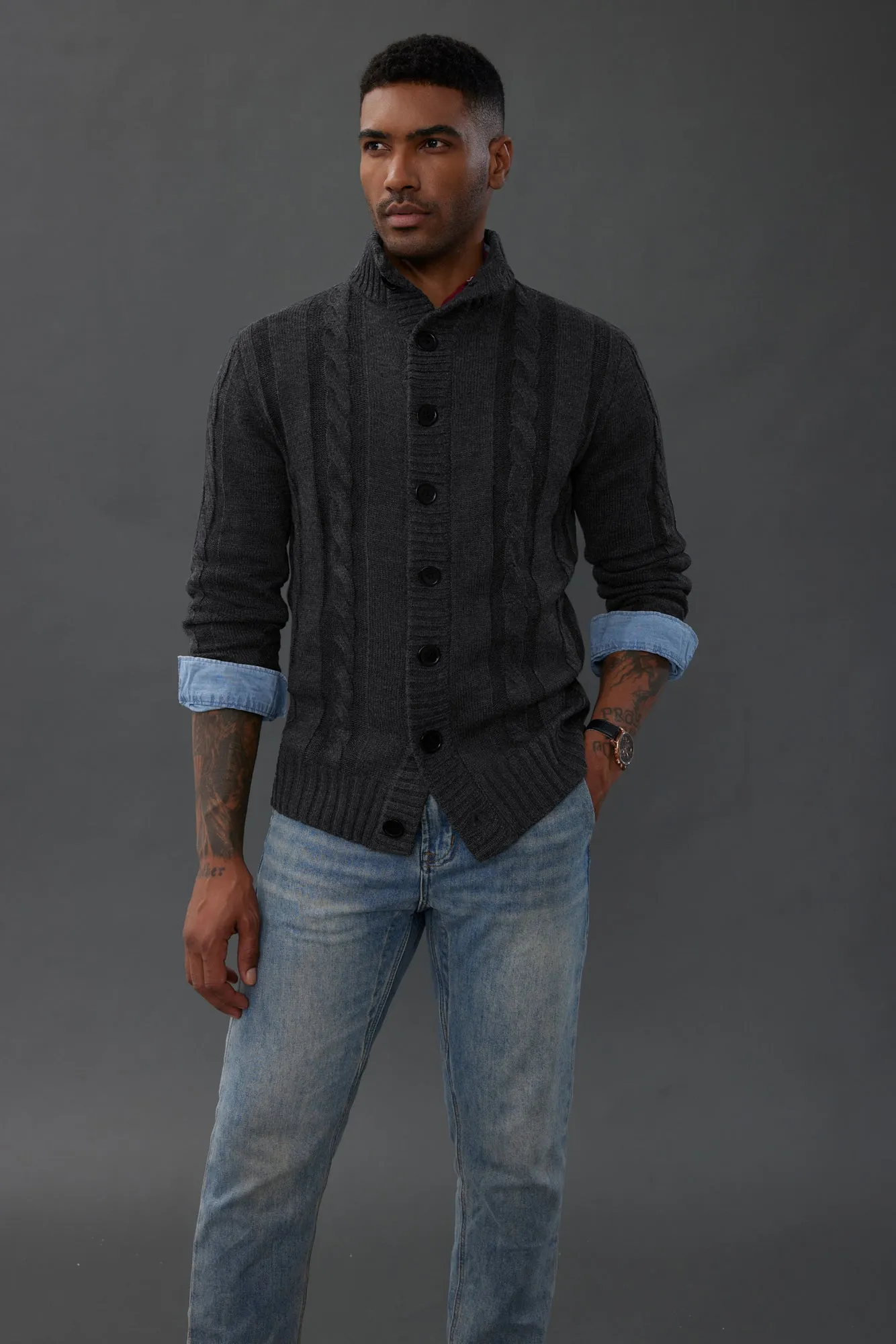 Men's Cardigan with Button Closure, Cable Knit Cardigan with Ribbed Stand-Up Collar for Autumn Winter