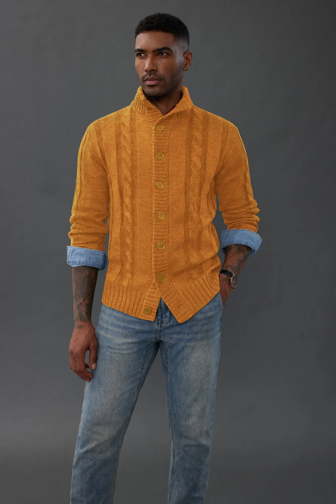 Men's Cardigan with Button Closure, Cable Knit Cardigan with Ribbed Stand-Up Collar for Autumn Winter