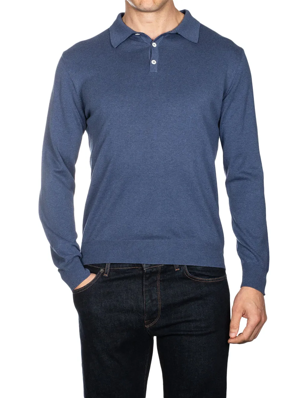 Merino Long Sleeve Polo Blue