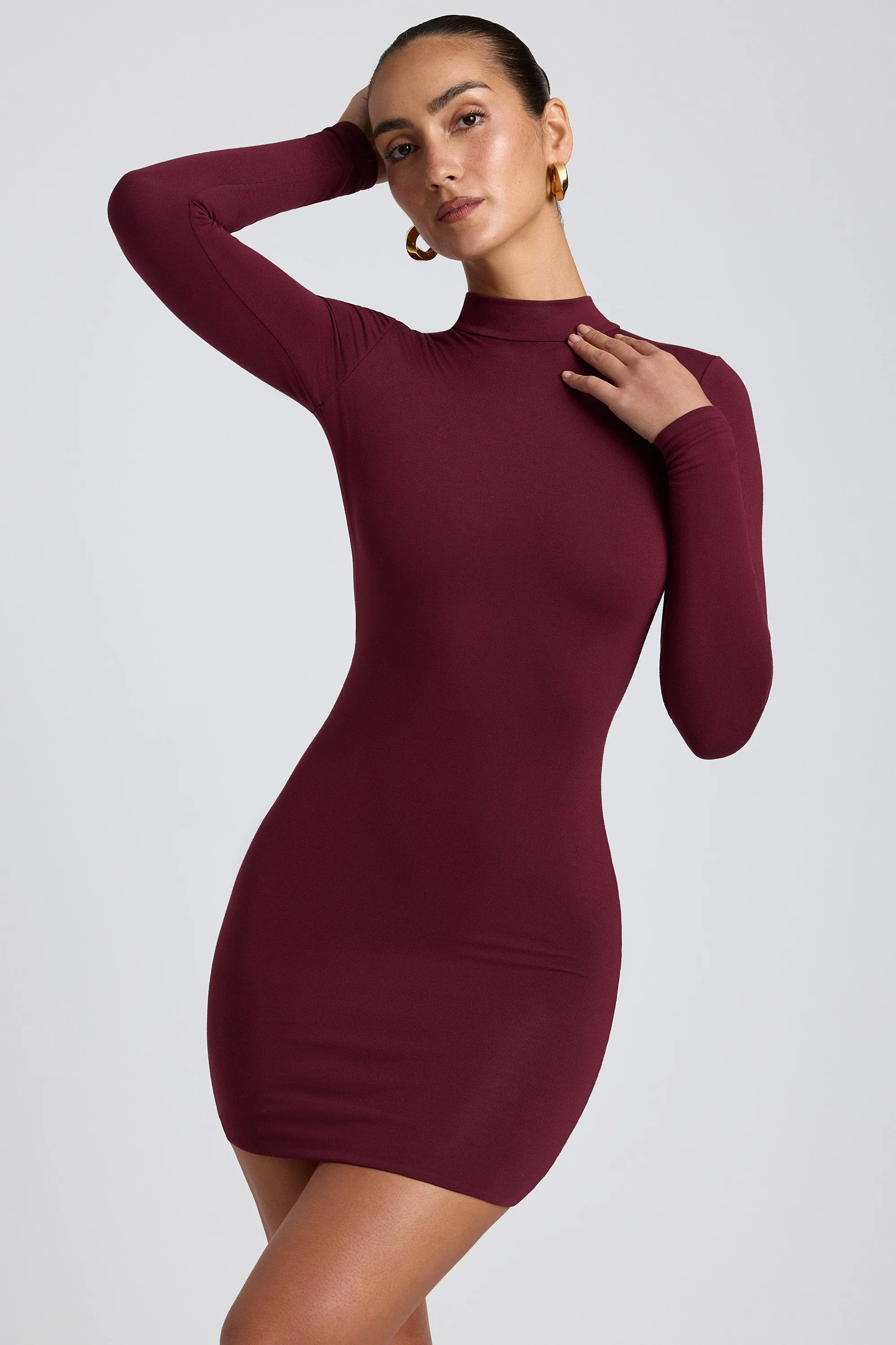 Modal Open-Back Long-Sleeve Mini Dress in Plum