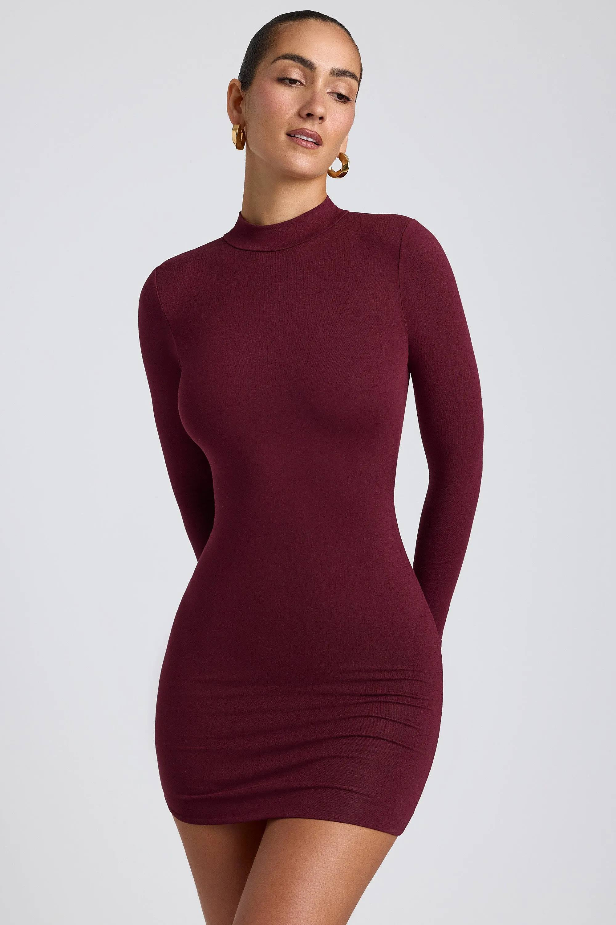 Modal Open-Back Long-Sleeve Mini Dress in Plum