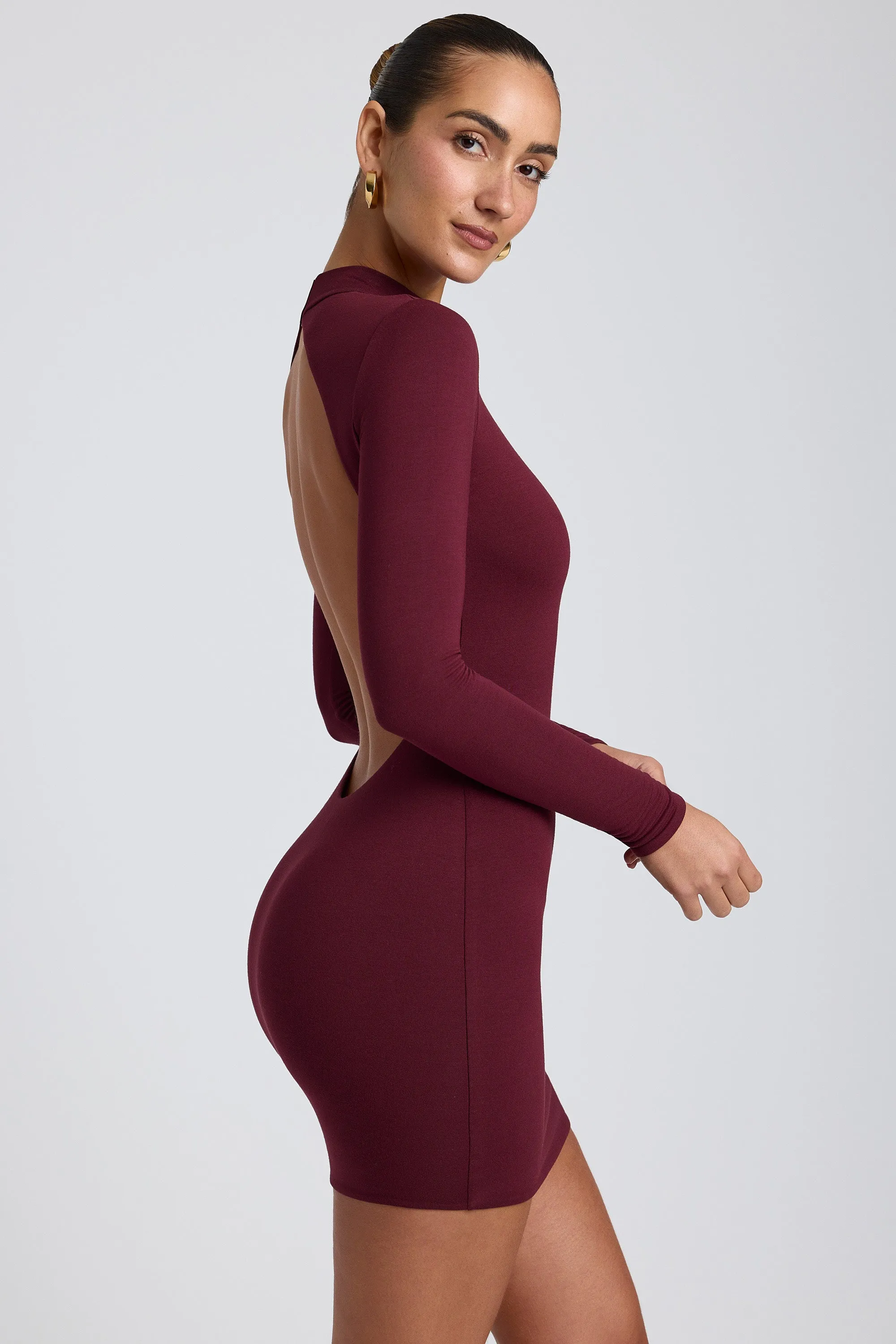 Modal Open-Back Long-Sleeve Mini Dress in Plum