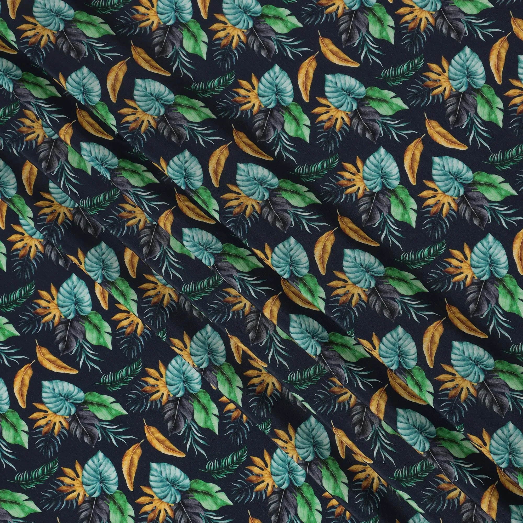 Navy Blue Viscose Fabric with Multicolor Leaf Digital Print, 110 cm Width-D20639