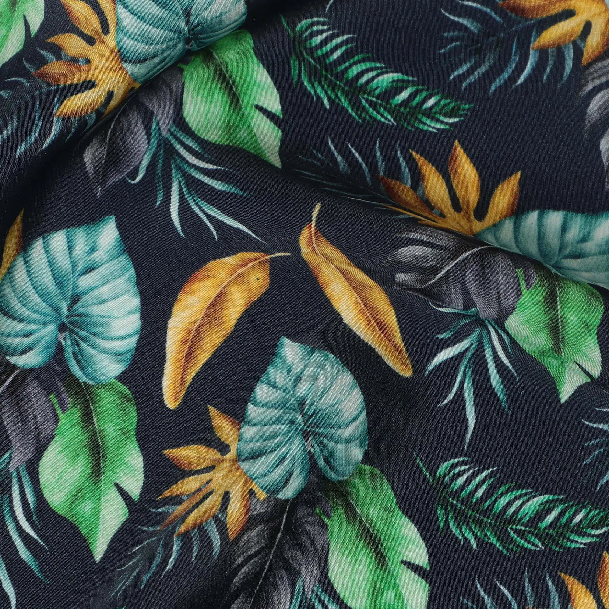 Navy Blue Viscose Fabric with Multicolor Leaf Digital Print, 110 cm Width-D20639