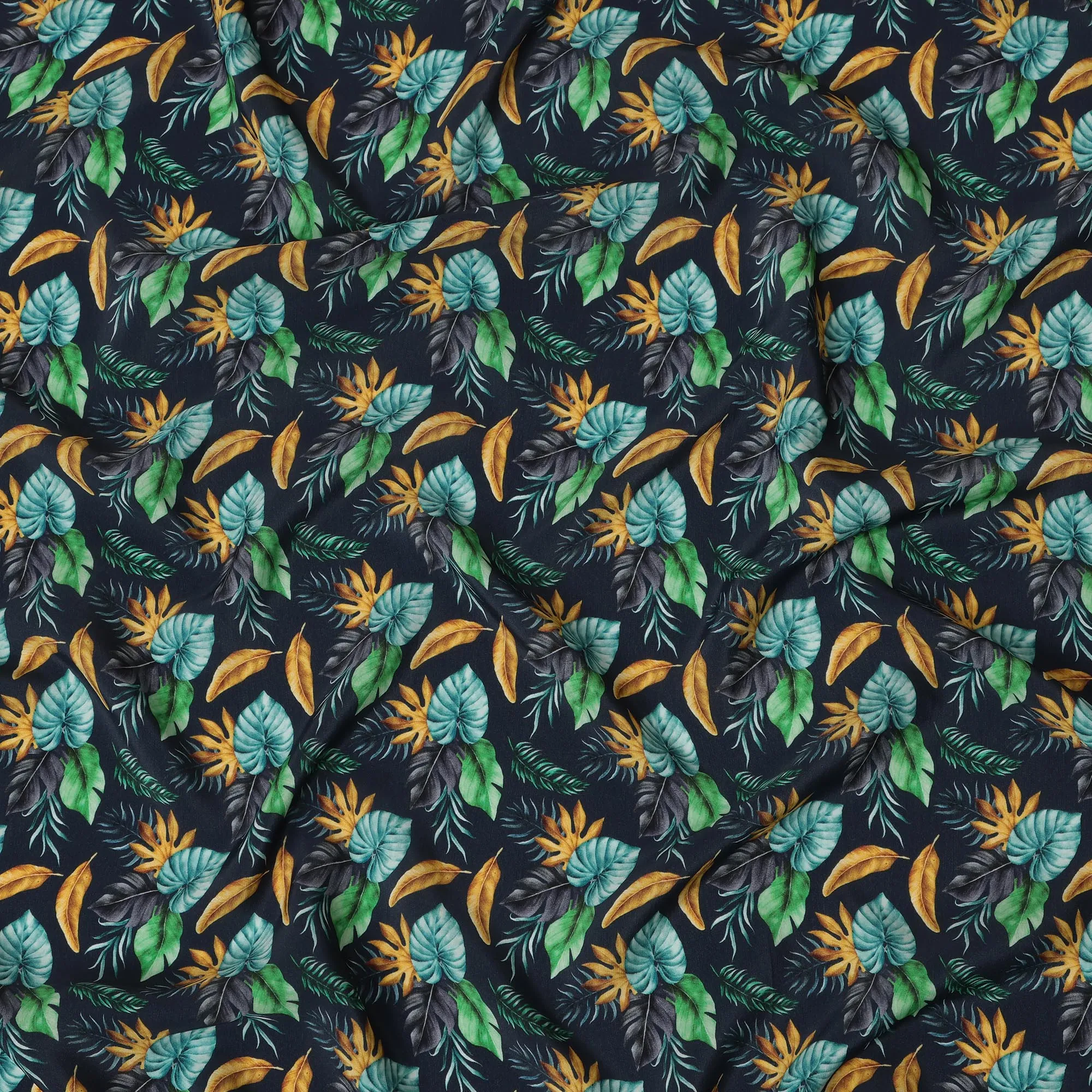 Navy Blue Viscose Fabric with Multicolor Leaf Digital Print, 110 cm Width-D20639