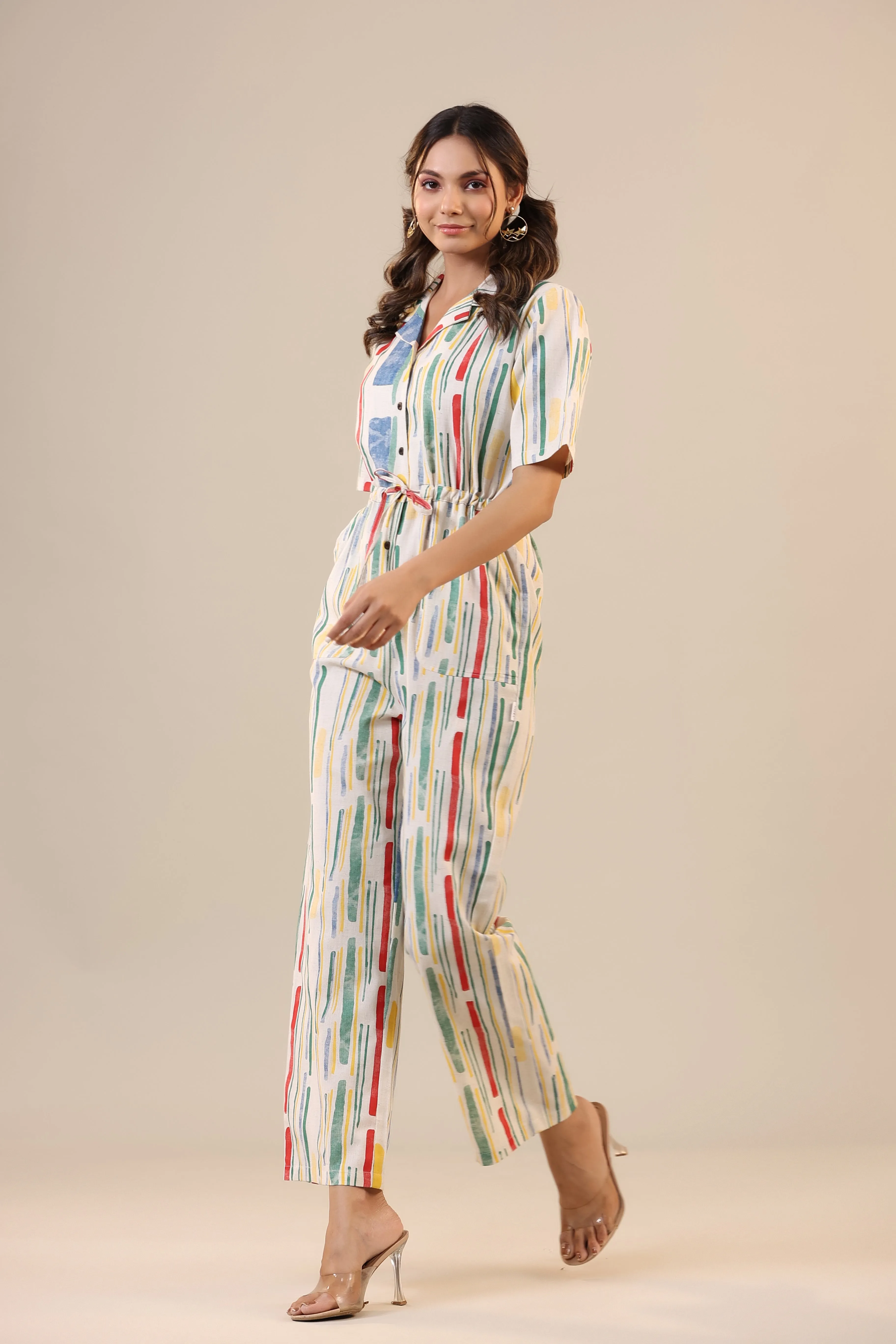 Parallel Abstract Striped on Off white Cotton Flex Jumpsuit