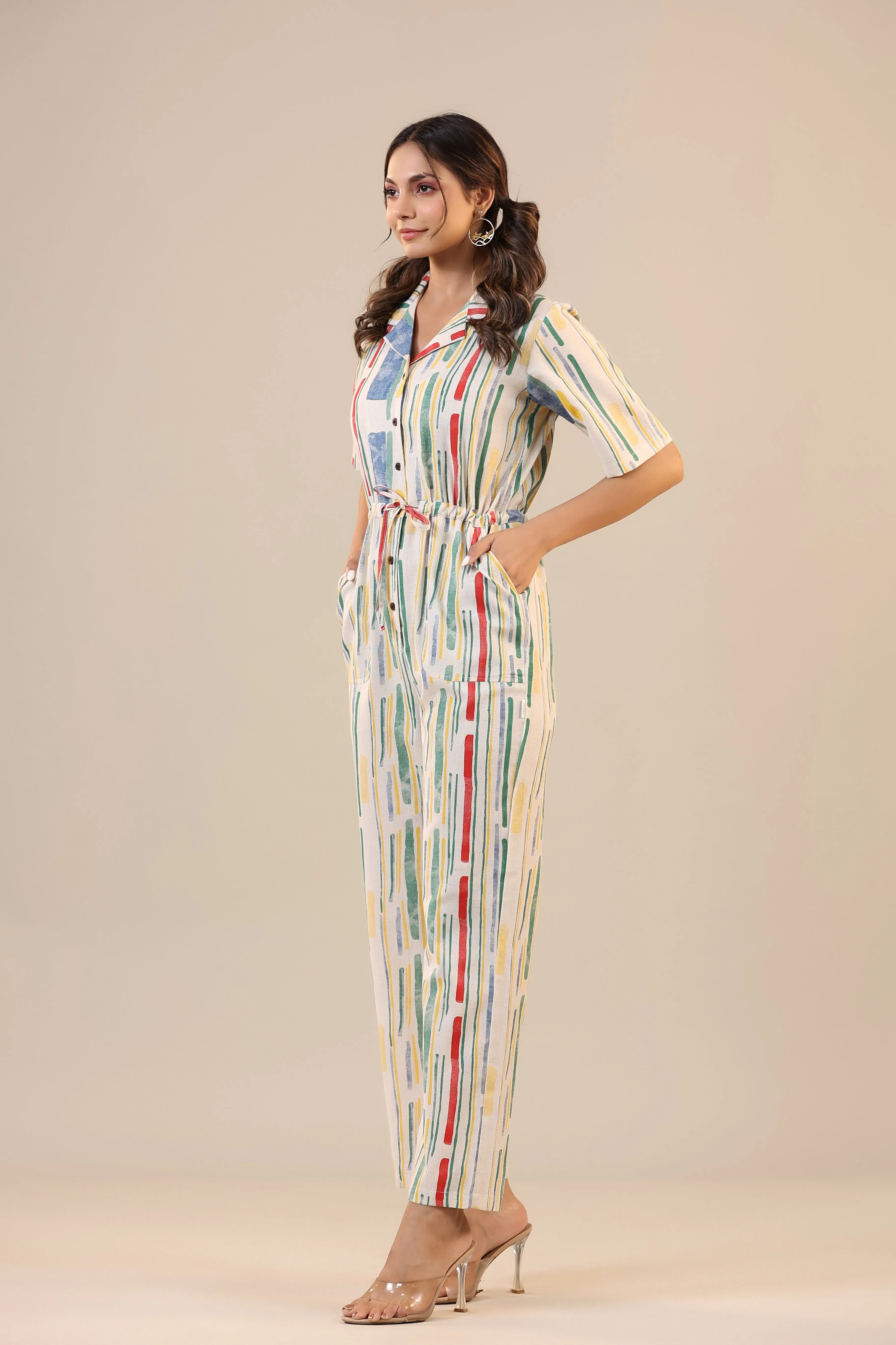 Parallel Abstract Striped on Off white Cotton Flex Jumpsuit