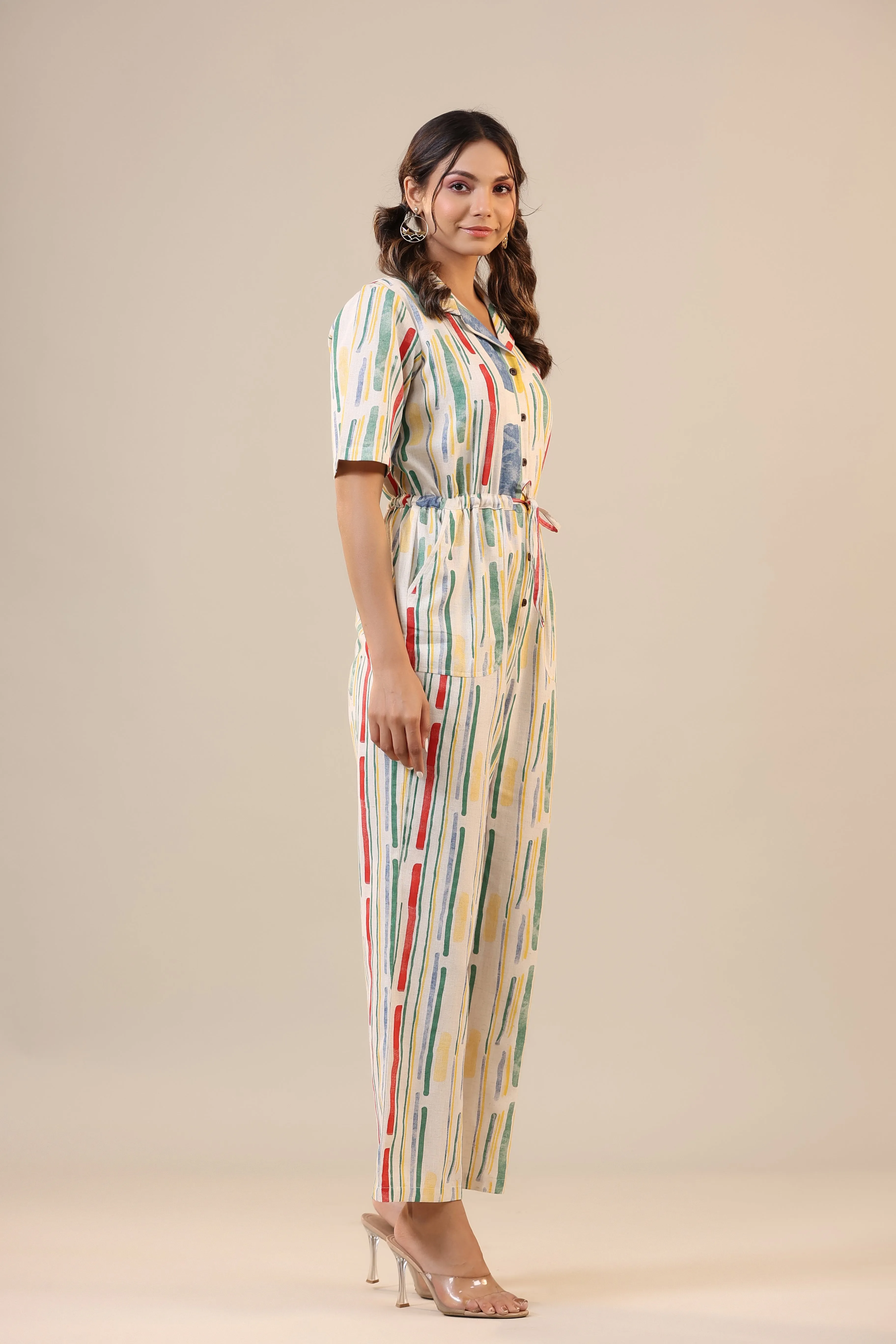 Parallel Abstract Striped on Off white Cotton Flex Jumpsuit