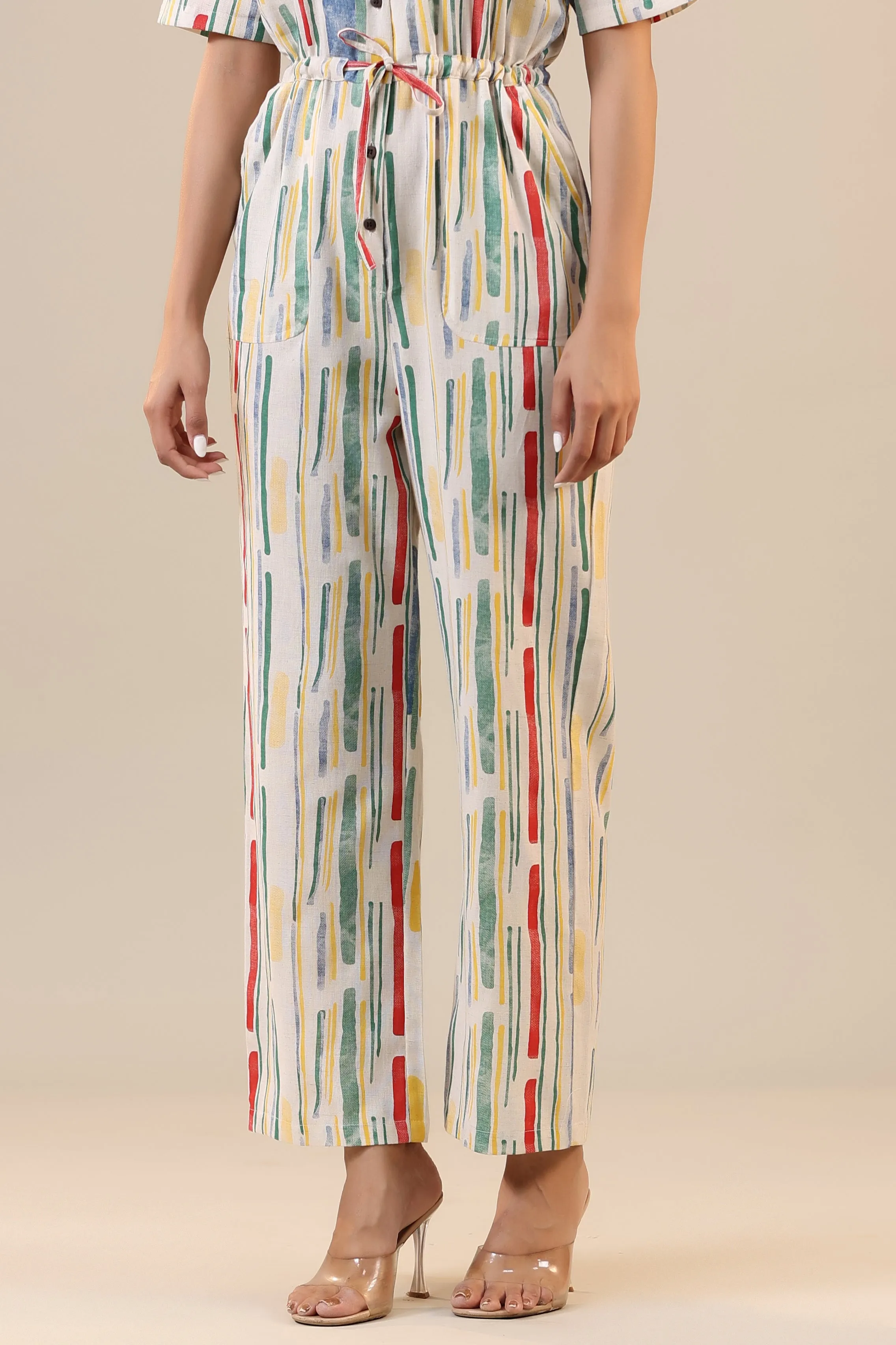 Parallel Abstract Striped on Off white Cotton Flex Jumpsuit