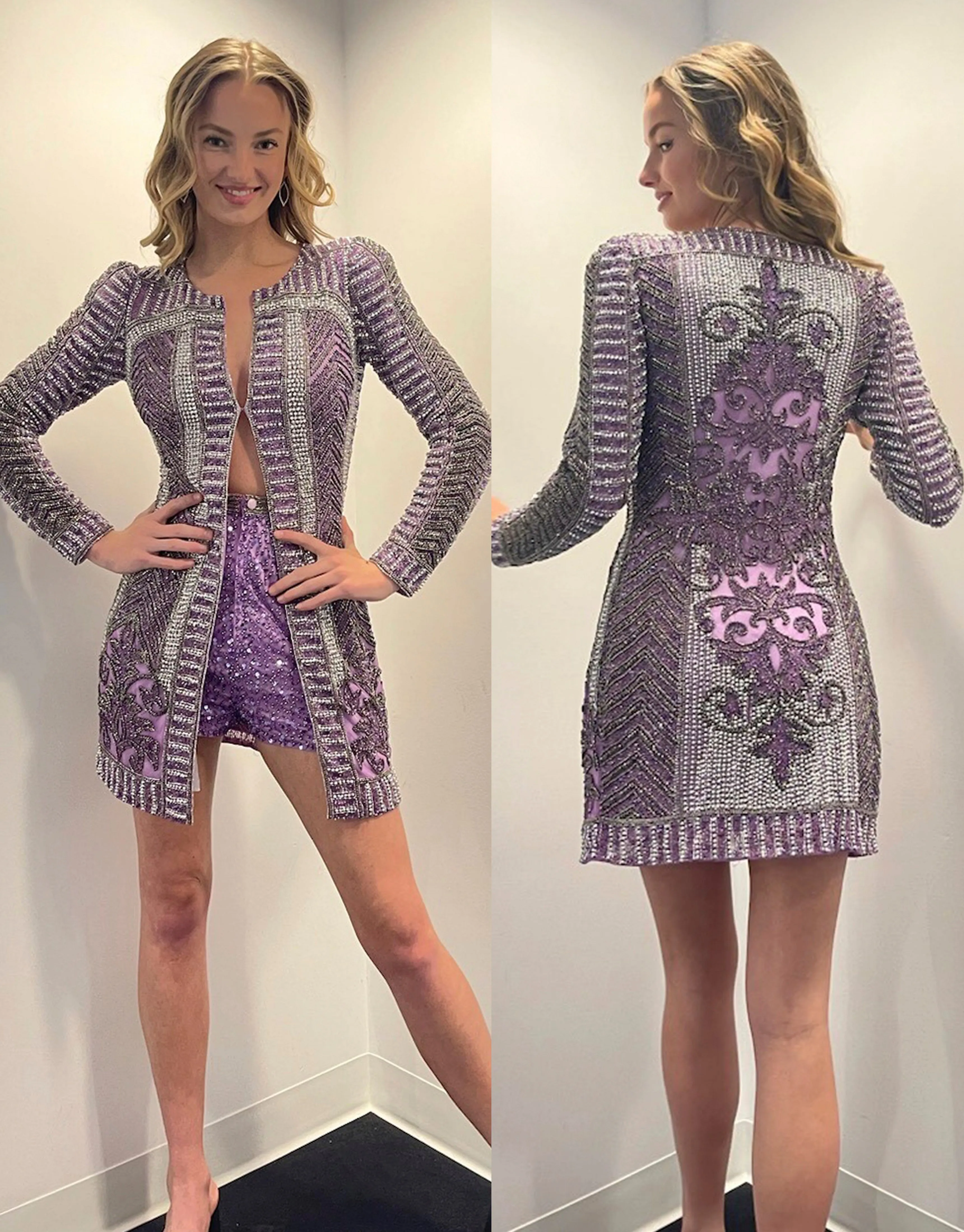 Primavera Couture 12076 2 Piece Long Sleeve Beaded Romper Jacket Formal Jumpsuit