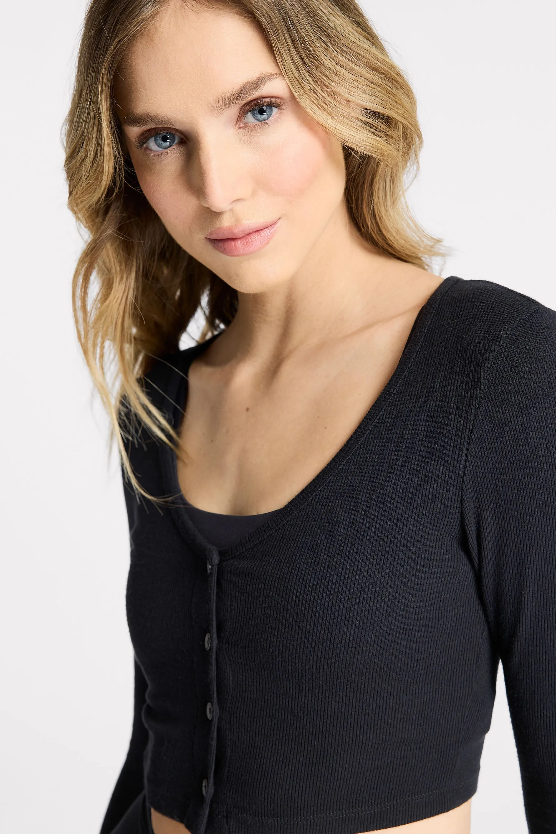 Rene Rib Crop Cardigan - Black