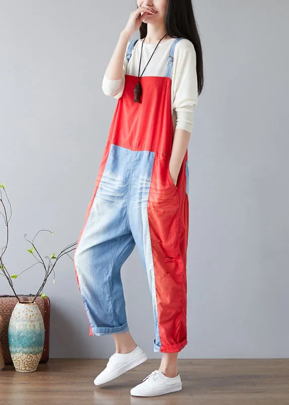 Simple Red pockets Patchwork jeans Jumpsuit Spring