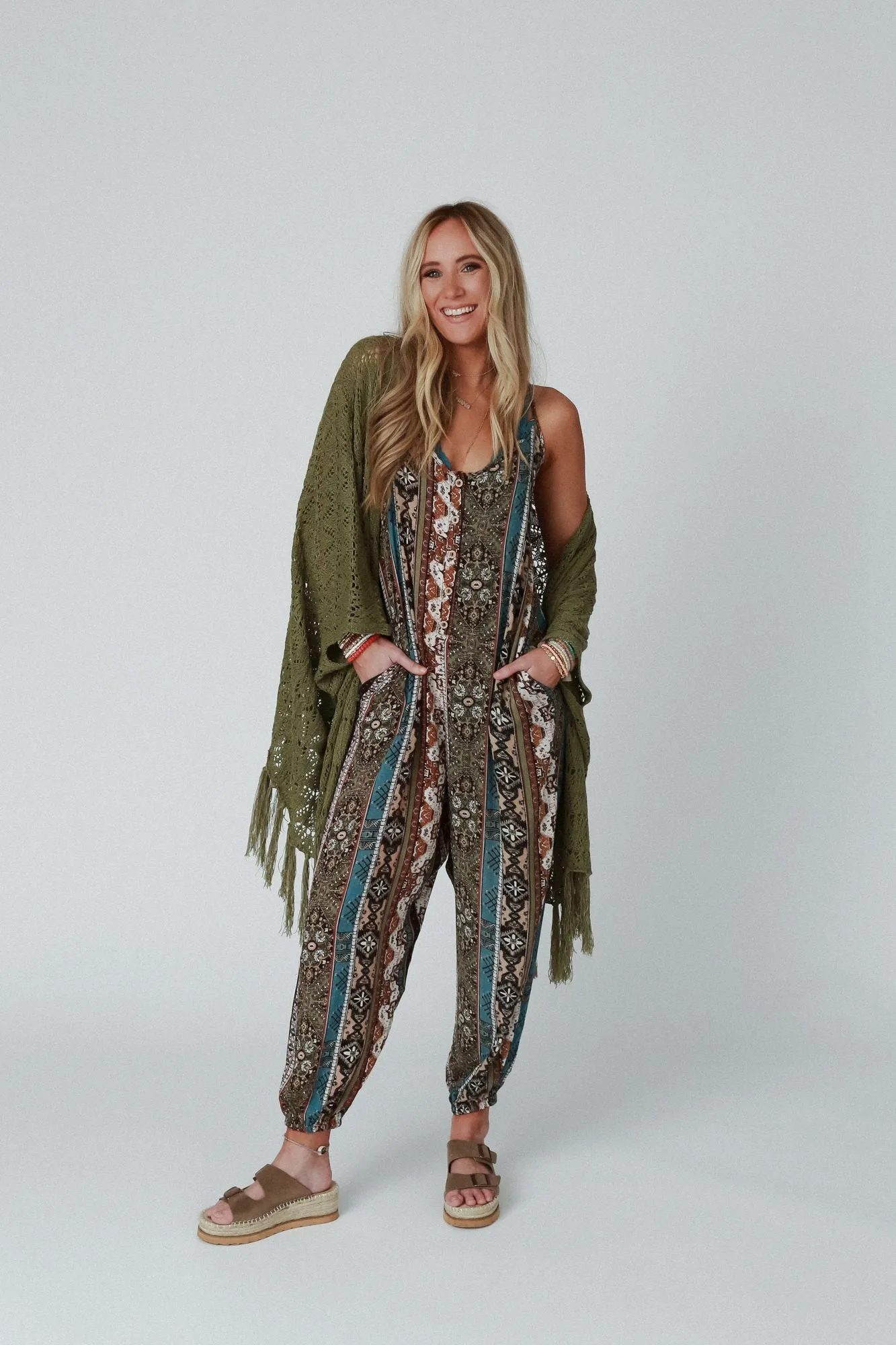 The Nest Hanging Gardens Button Up Jumpsuit - Olive Teal