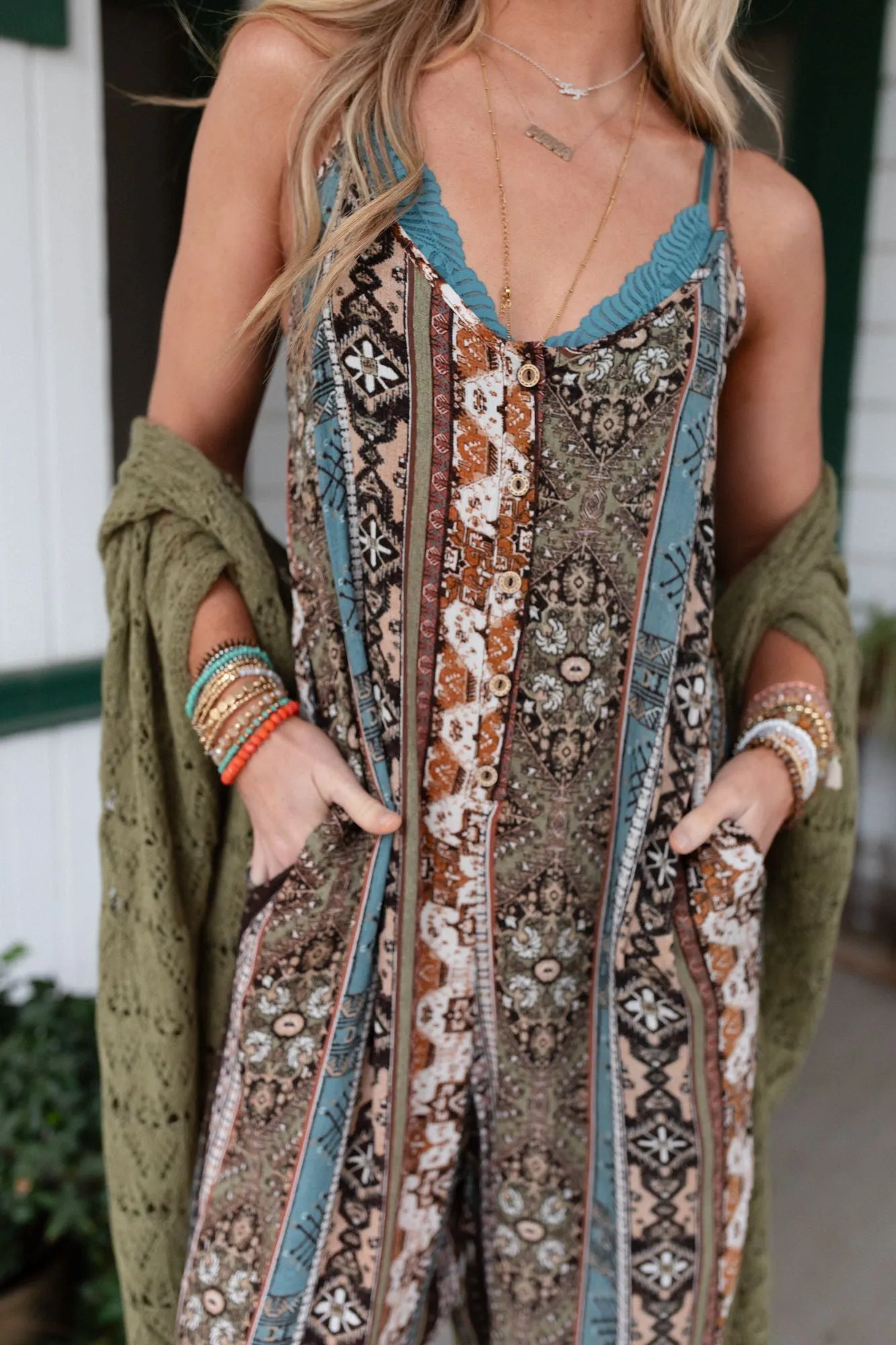 The Nest Hanging Gardens Button Up Jumpsuit - Olive Teal