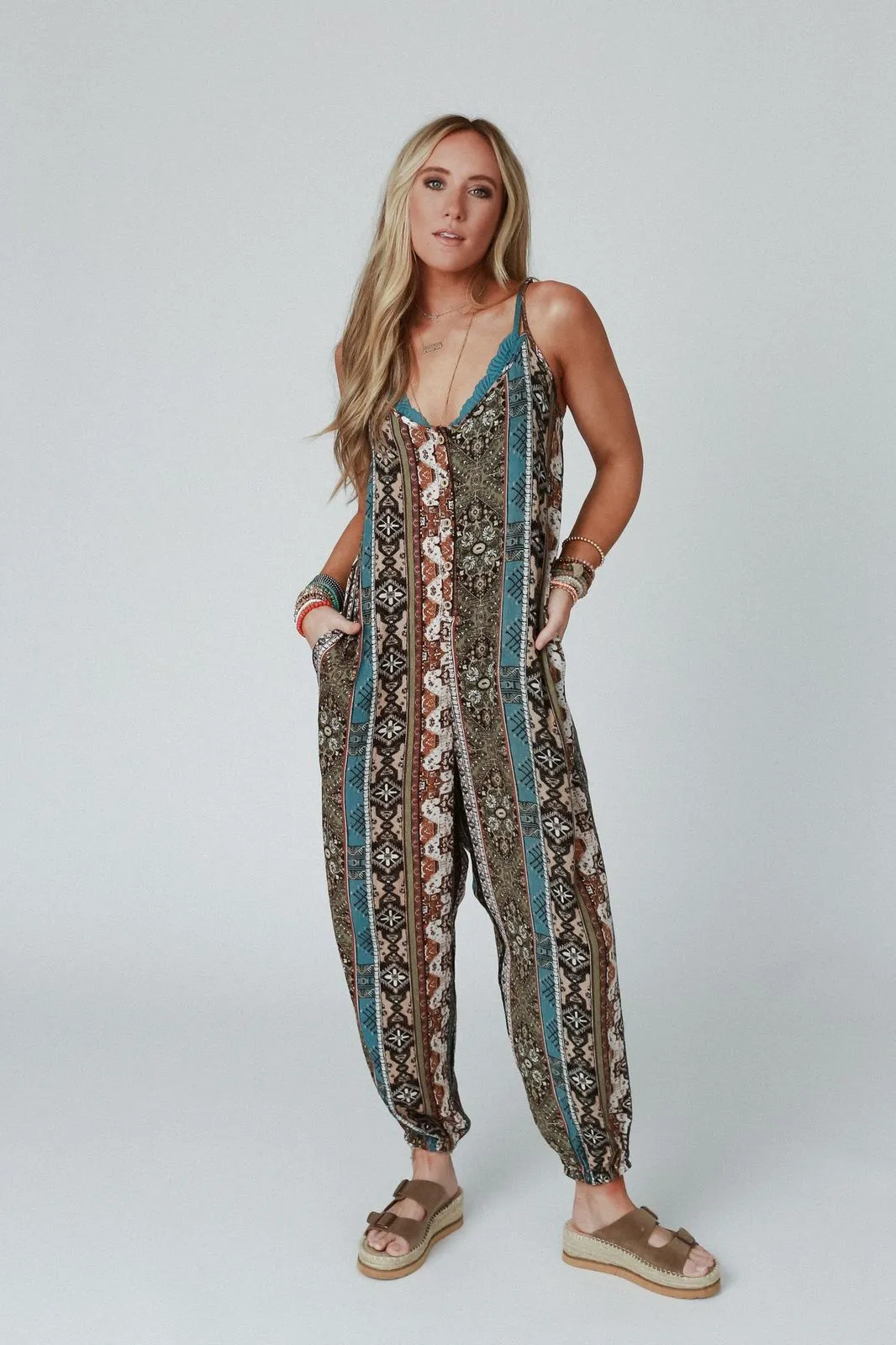 The Nest Hanging Gardens Button Up Jumpsuit - Olive Teal