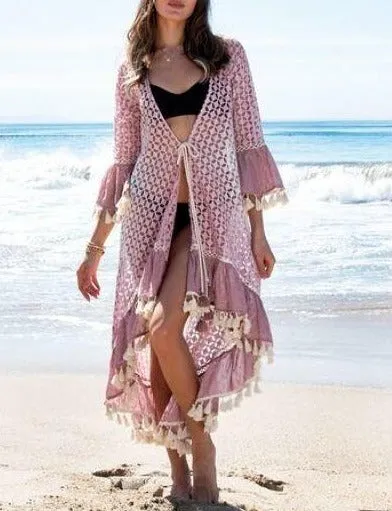 Tie Dye Long Cardigan With Tassel Hem Detail. Open Front- Women