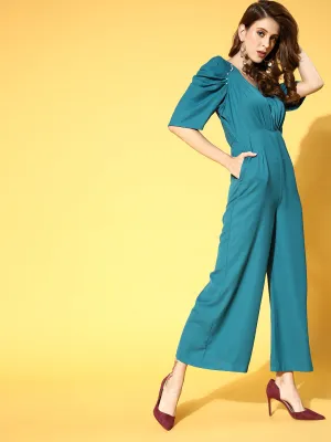 Women Teal Pleated Pearl Detail Jumpsuit