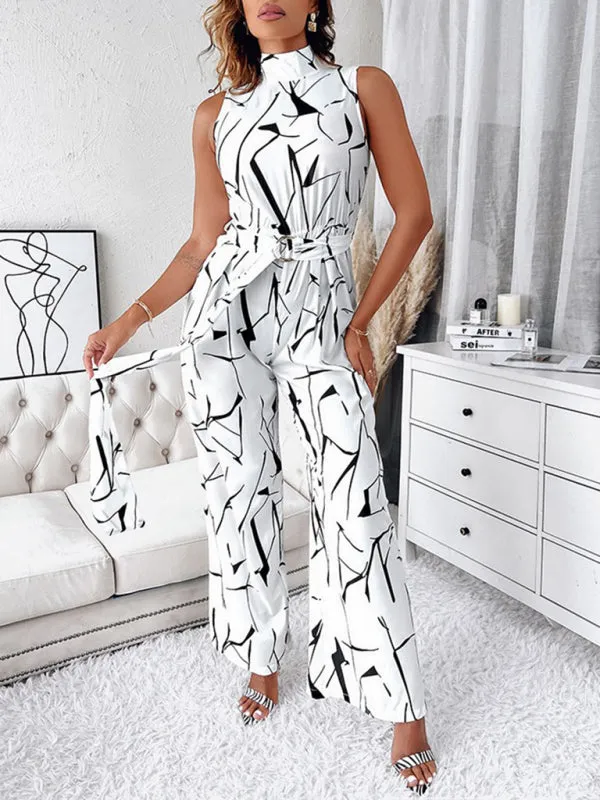 Women's Abstract Print Wide Leg Halter Neck Jumpsuit