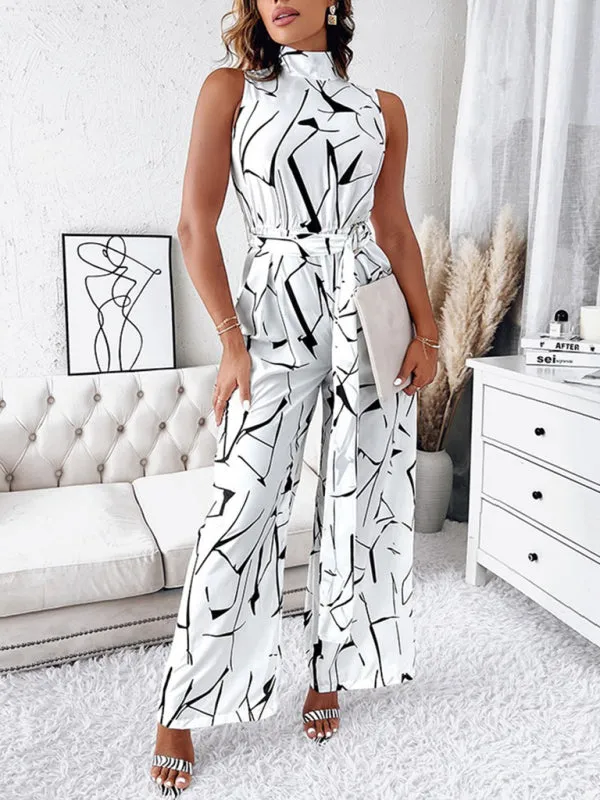 Women's Abstract Print Wide Leg Halter Neck Jumpsuit