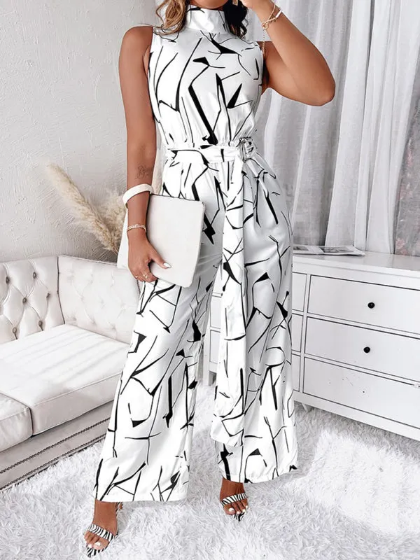 Women's Abstract Print Wide Leg Halter Neck Jumpsuit