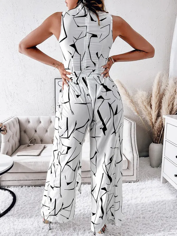 Women's Abstract Print Wide Leg Halter Neck Jumpsuit