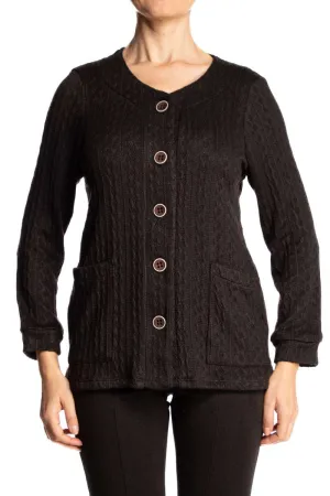 Women's Cardigan Black Quality Stretch Fabric Cotton Blend Easy Care Soft Quality Stretch Fabric Features button up Front closure and Nice Deep Pockets On Sale Now Quality Made in Canada Exclusive At Yvonne Marie Boutiques